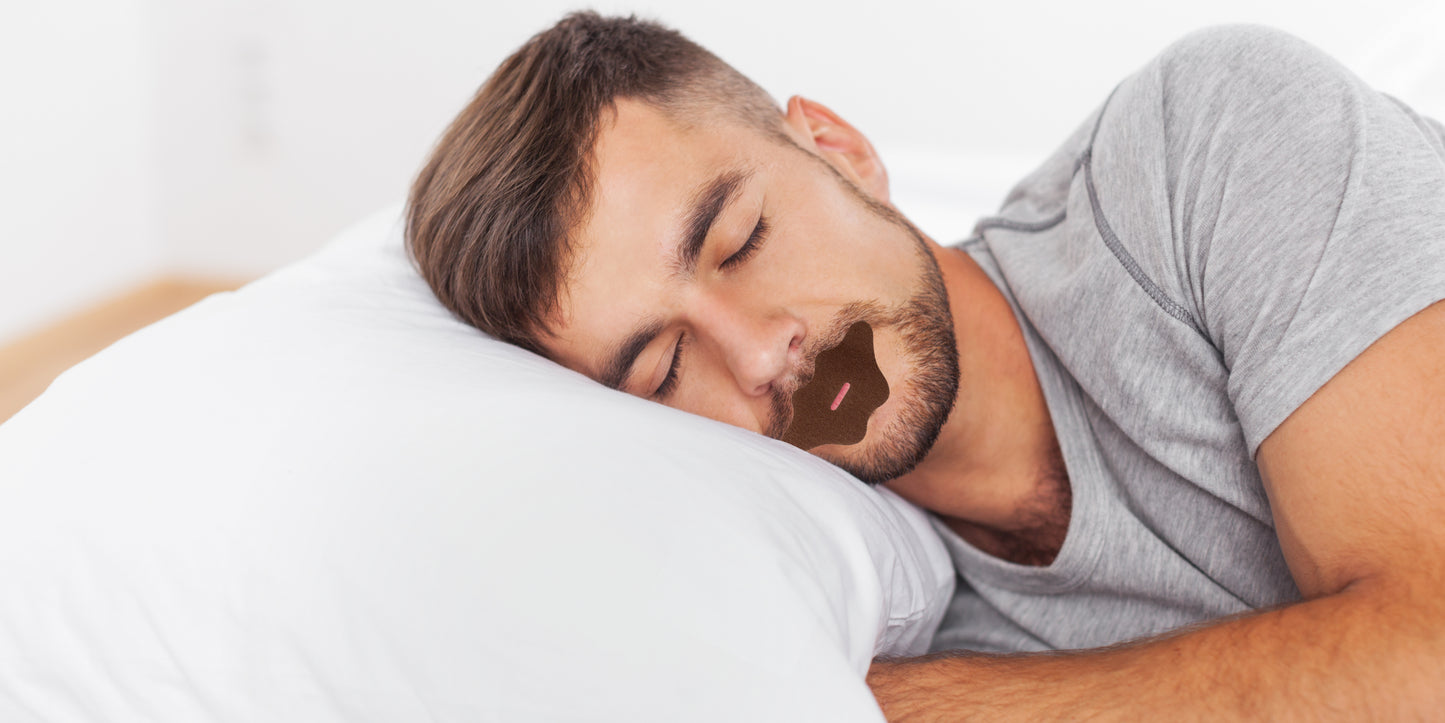 Man sleeping peacefully with WELLPA mouth tape applied for better nasal breathing and improved sleep quality