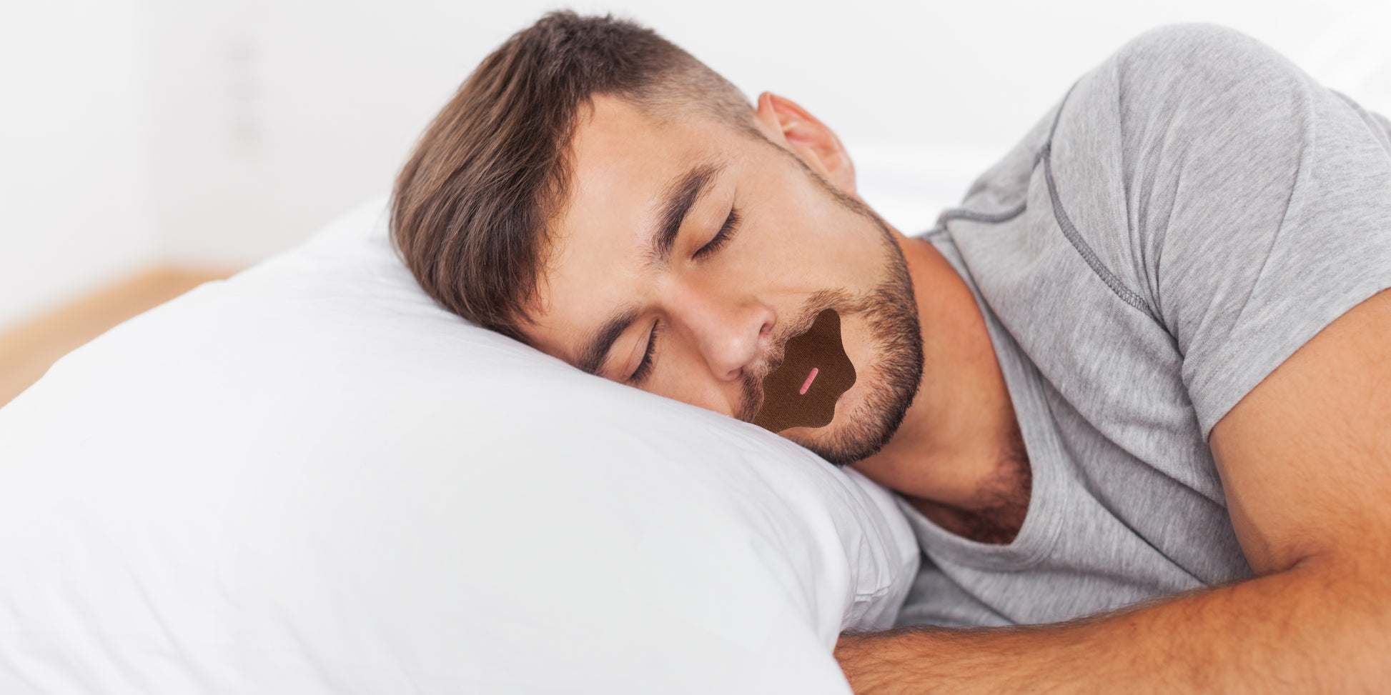 Man sleeping peacefully with WELLPA mouth tape applied for better nasal breathing and improved sleep quality