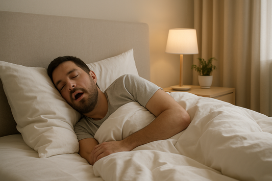 Man sleeping in bed with mouth open, showing snoring and mouth breathing during sleep