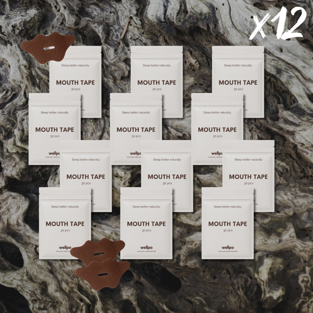 Multiple packages of 'Mouth Tape' on a textured surface with visible branding of Wellpa Wellness brand
