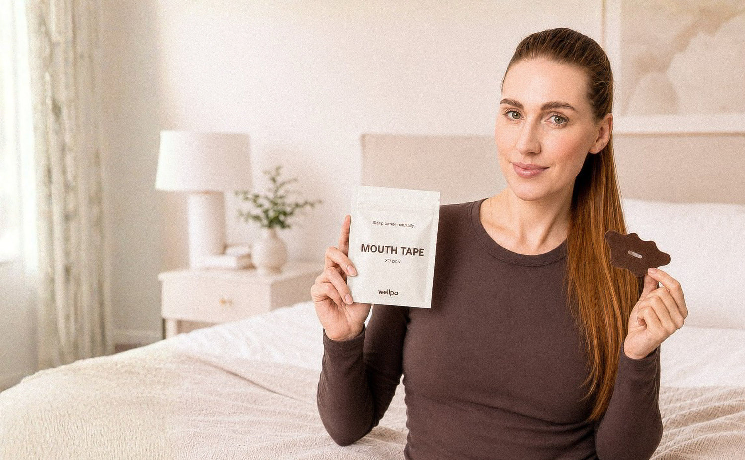 Woman holding a package of mouth tape in a bedroom setting